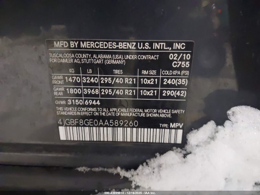 2010 Mercedes-Benz Gl 550 4Matic VIN: 4JGBF8GE0AA589260 Lot: 43899818