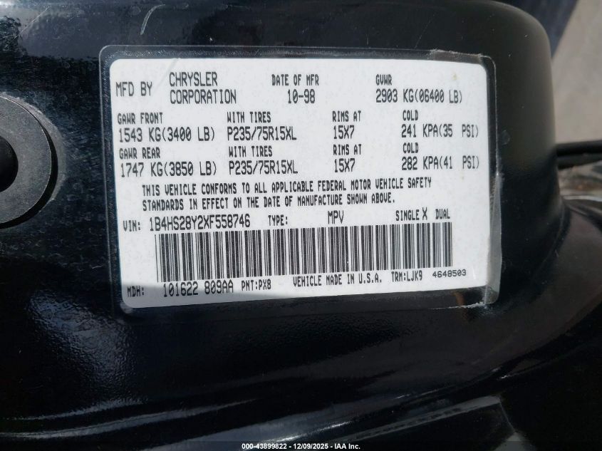 1999 Dodge Durango VIN: 1B4HS28Y2XF558746 Lot: 43899822