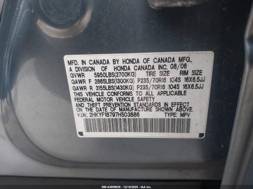 2007 Honda Pilot Ex-L VIN: 2HKYF18797H503886 Lot: 43899826