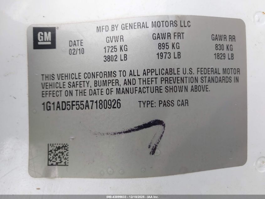 2010 Chevrolet Cobalt Lt VIN: 1G1AD5F55A7180926 Lot: 43899833