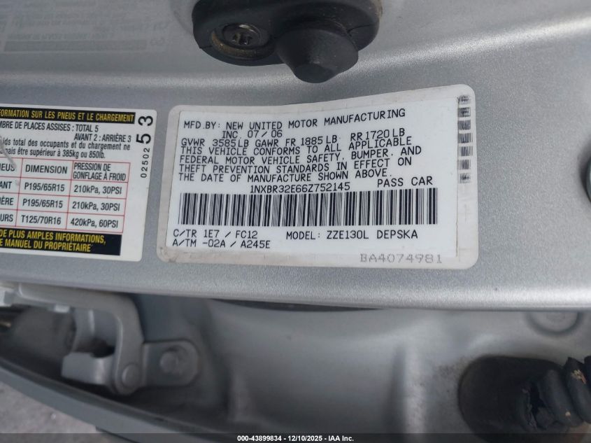 2006 Toyota Corolla S VIN: 1NXBR32E66Z752145 Lot: 43899834