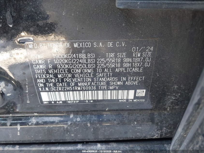 2024 Honda Hr-V Awd Sport/Awd Sport W/O Bsi VIN: 3CZRZ2H51RM760936 Lot: 43899835