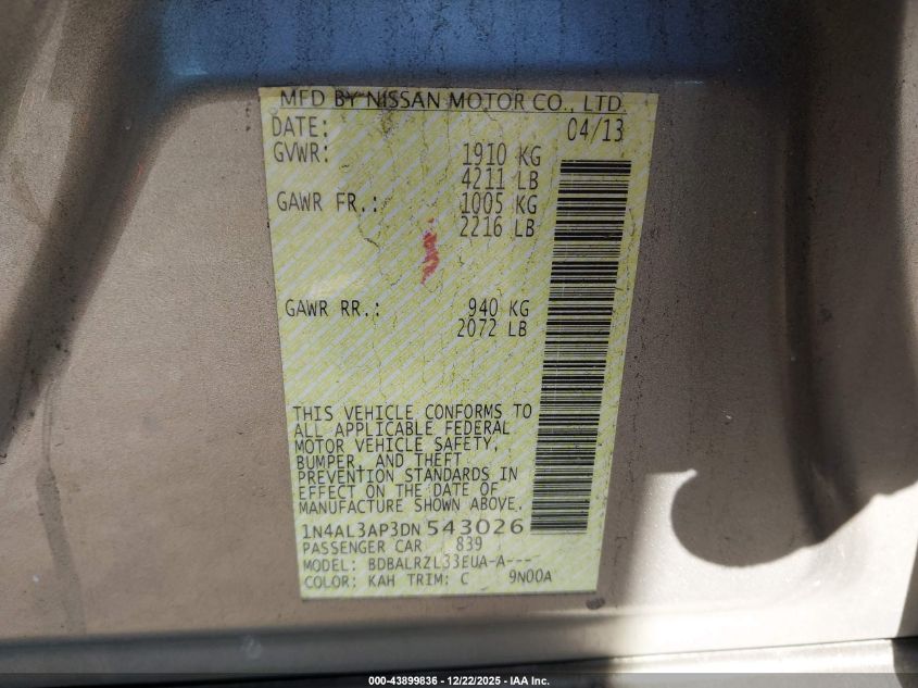 2013 Nissan Altima 2.5 S VIN: 1N4AL3AP3DN543026 Lot: 43899836