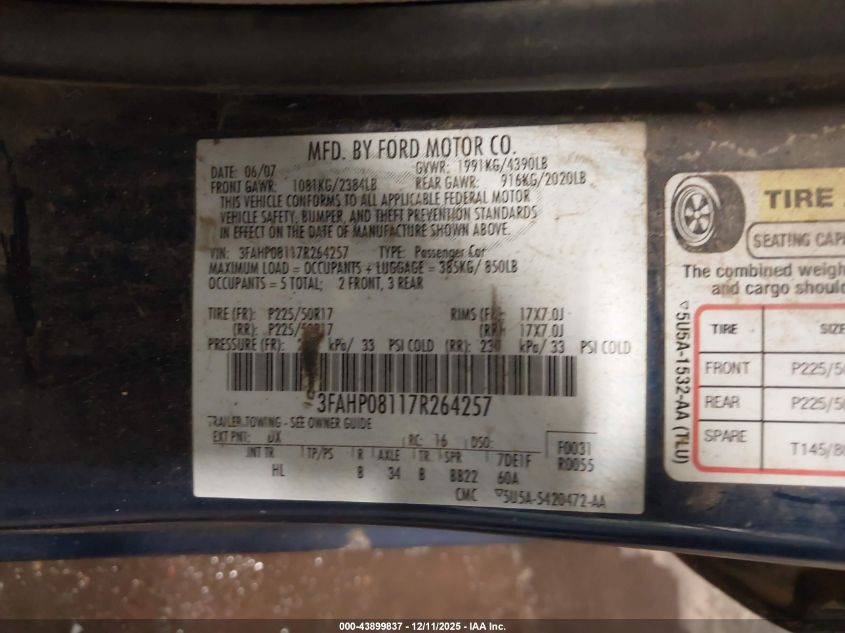 2007 Ford Fusion Sel VIN: 3FAHP08117R264257 Lot: 43899837