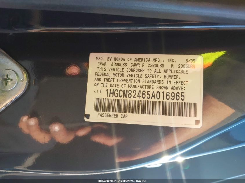 2005 Honda Accord 3.0 Lx Special Edition VIN: 1HGCM82465A016965 Lot: 43899851