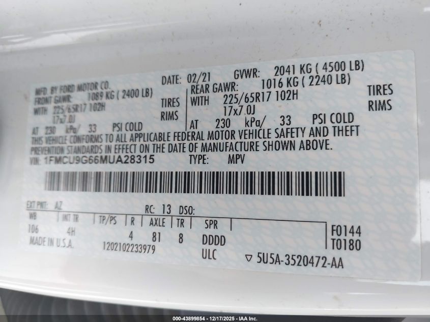 2021 Ford Escape Se VIN: 1FMCU9G66MUA28315 Lot: 43899854