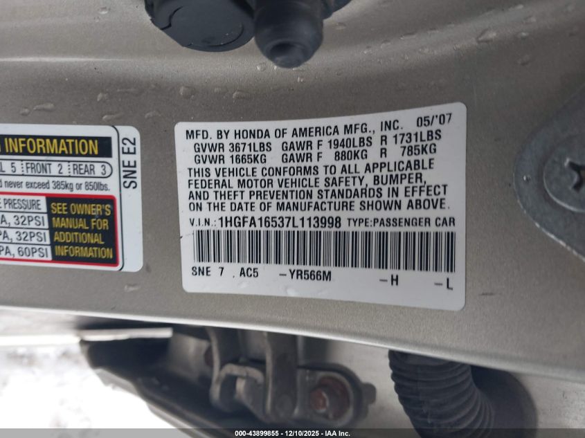 2007 Honda Civic Lx VIN: 1HGFA16537L113998 Lot: 43899855