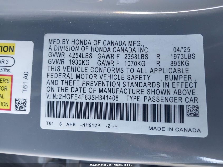 2025 Honda Civic Hybrid Sport/Sport Touring VIN: 2HGFE4F83SH341408 Lot: 43899857