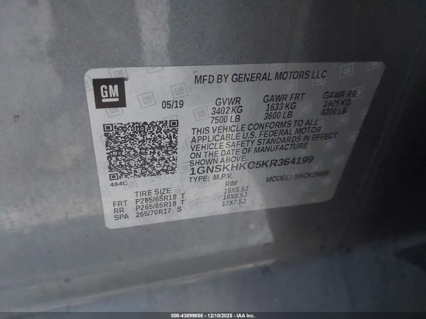 2019 Chevrolet Suburban Lt VIN: 1GNSKHKC5KR364199 Lot: 43899858