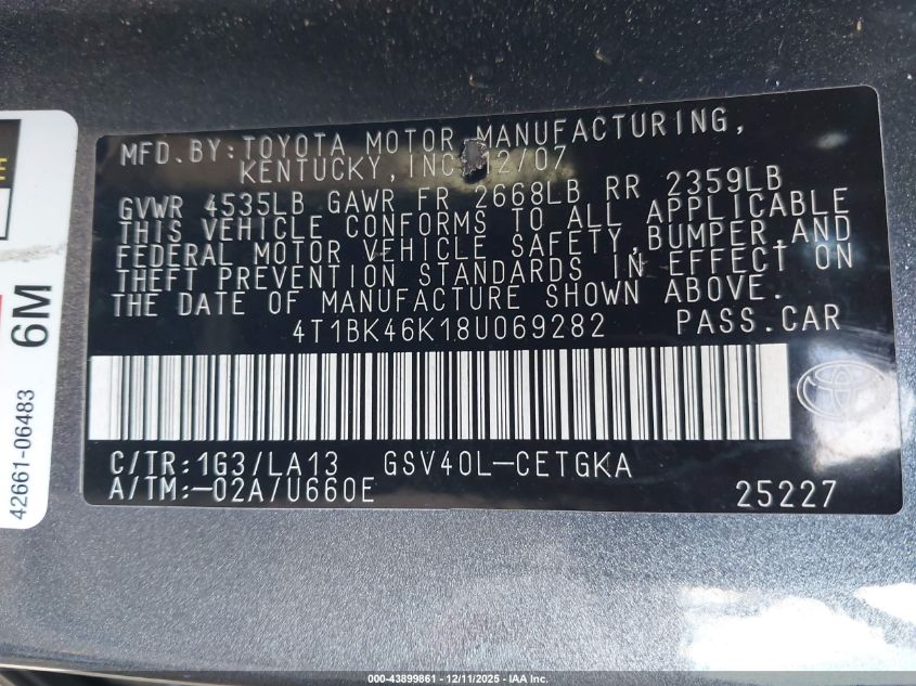 2008 Toyota Camry Xle V6 VIN: 4T1BK46K18U069282 Lot: 43899861