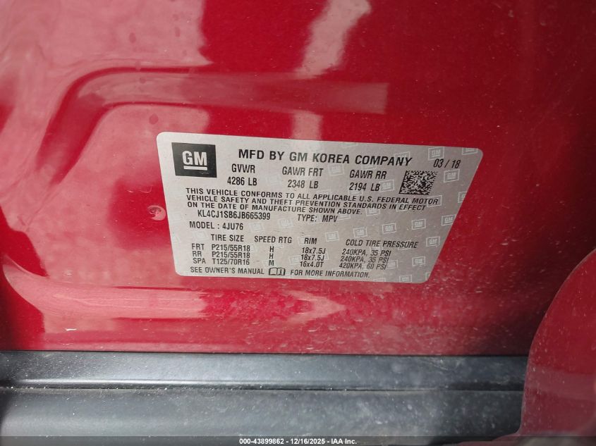 2018 Buick Encore Sport Touring VIN: KL4CJ1SB6JB665399 Lot: 43899862