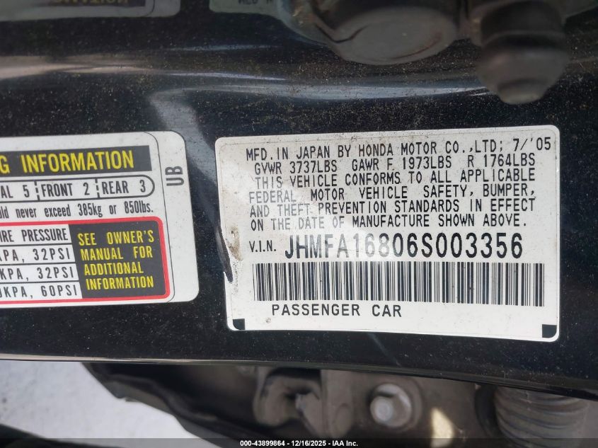 2006 Honda Civic Ex VIN: JHMFA16806S003356 Lot: 43899864