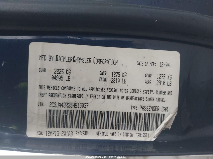 2005 Chrysler 300 VIN: 2C3JA43R35H615037 Lot: 43899866