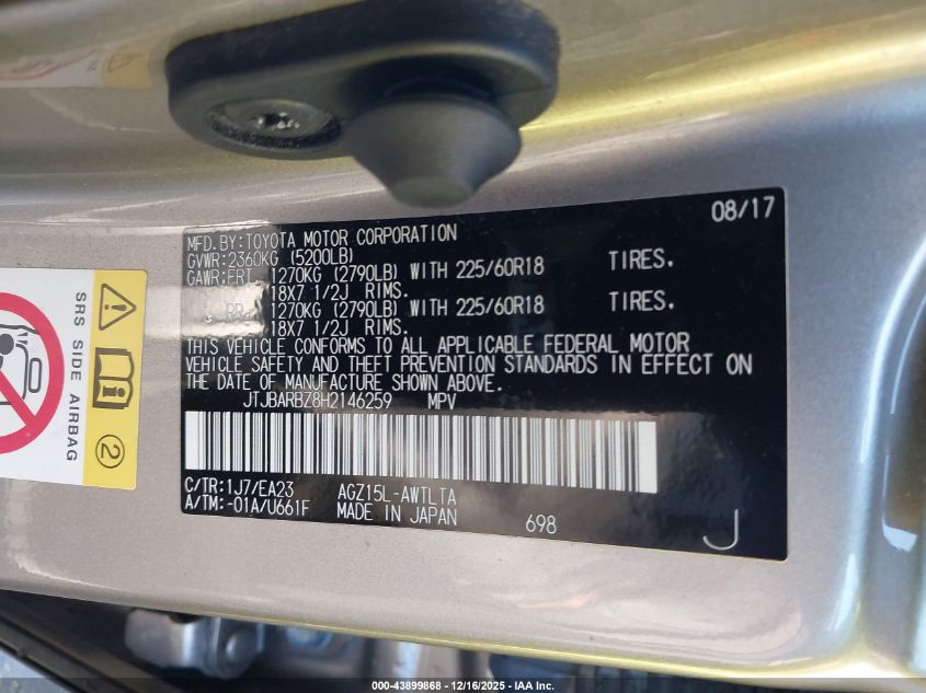 2017 Lexus Nx 200T VIN: JTJBARBZ8H2146259 Lot: 43899868