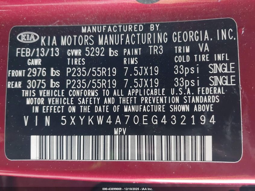 2014 Kia Sorento Sx VIN: 5XYKW4A70EG432194 Lot: 43899869