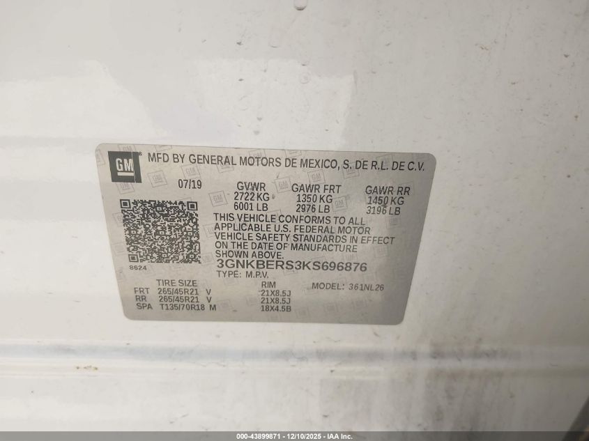 2019 Chevrolet Blazer Rs VIN: 3GNKBERS3KS696876 Lot: 43899871