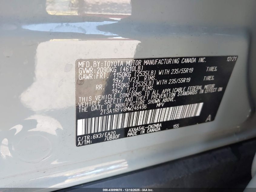 2021 Toyota Rav4 Xle Premium VIN: 2T3A1RFV8MW246496 Lot: 43899878