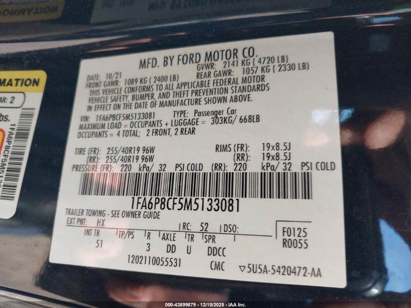 2021 Ford Mustang Gt Premium Fastback VIN: 1FA6P8CF5M5133081 Lot: 43899879