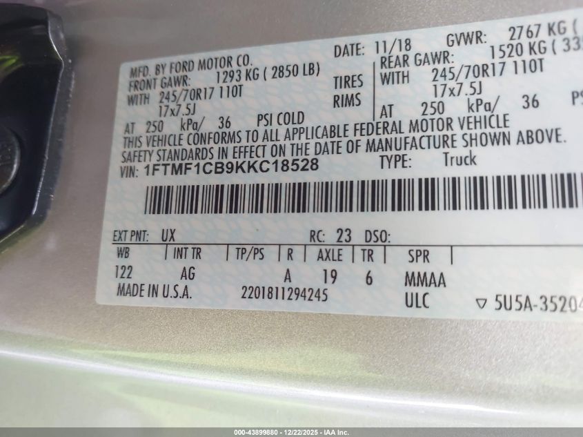 2019 Ford F-150 Xl VIN: 1FTMF1CB9KKC18528 Lot: 43899880