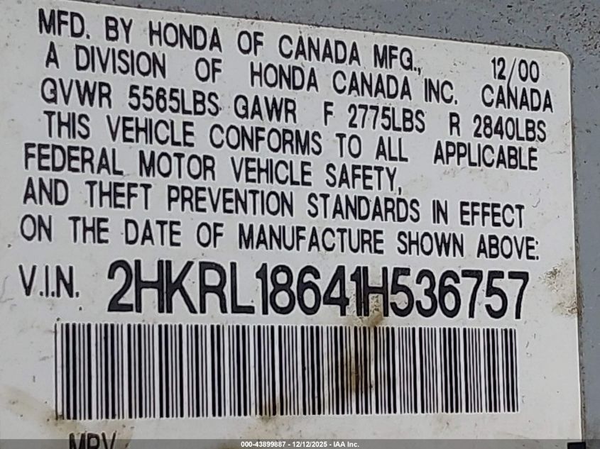 2001 Honda Odyssey Ex VIN: 2HKRL18641H536757 Lot: 43899887
