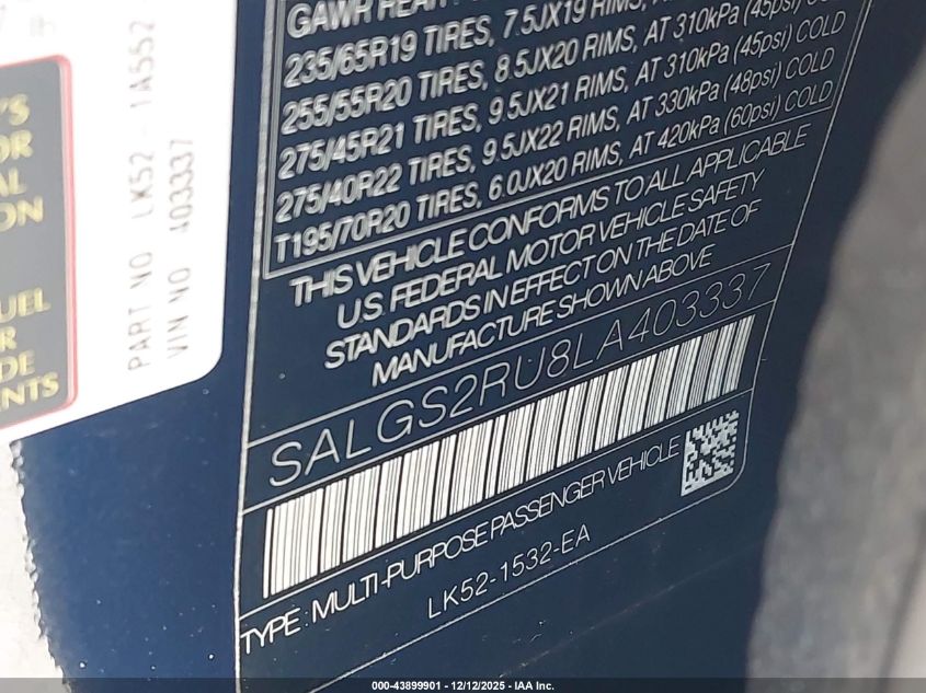 2020 Land Rover Range Rover Hse VIN: SALGS2RU8LA403337 Lot: 43899901