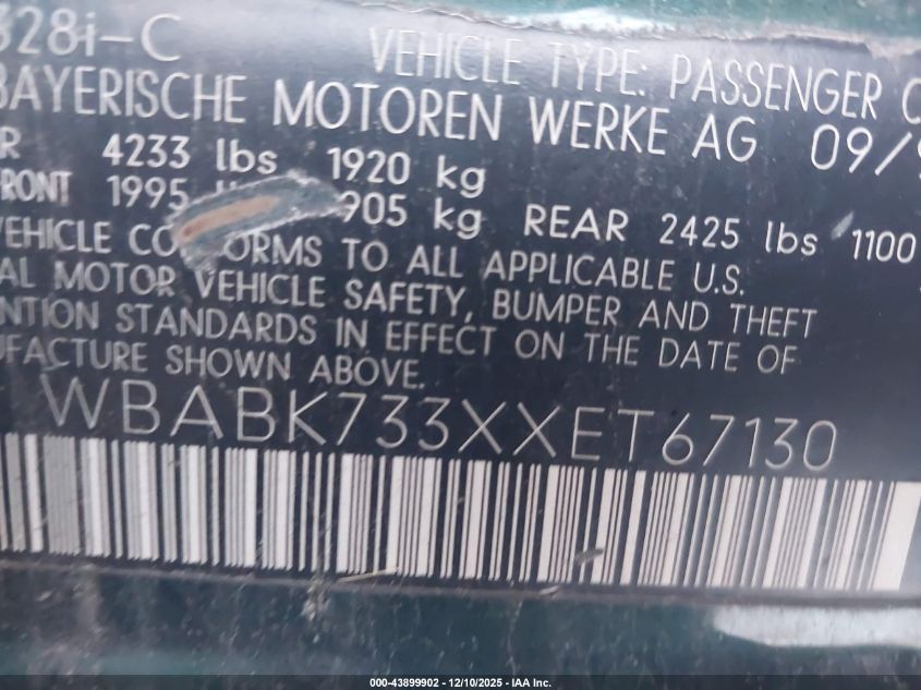 1999 BMW 328Ic VIN: WBABK733XXET67130 Lot: 43899902