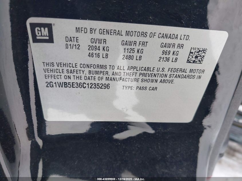 2012 Chevrolet Impala Lt VIN: 2G1WB5E36C1235296 Lot: 43899908