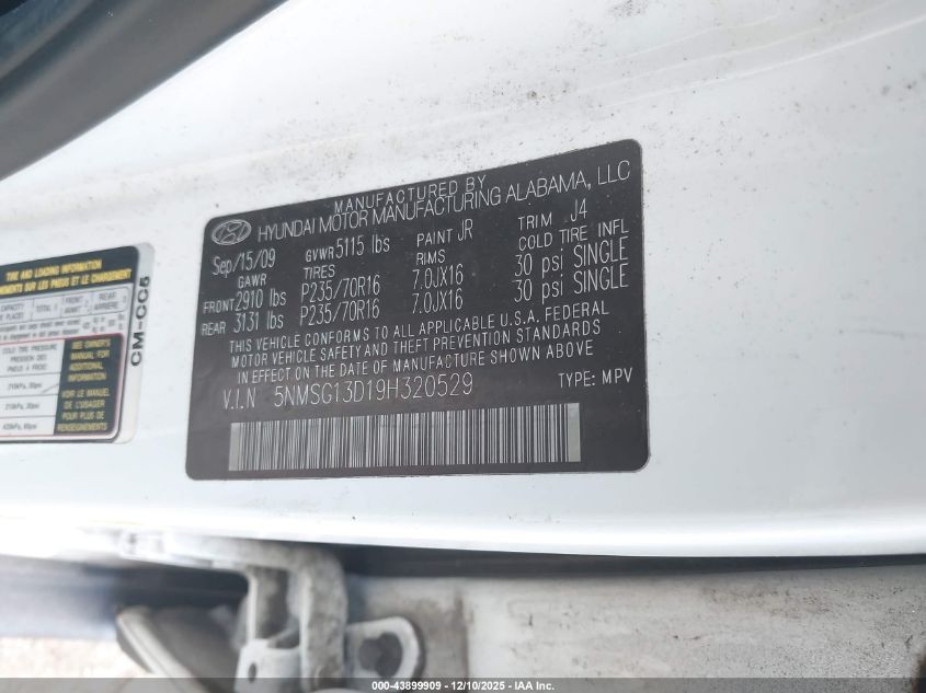2009 Hyundai Santa Fe Gls VIN: 5NMSG13D19H320529 Lot: 43899909