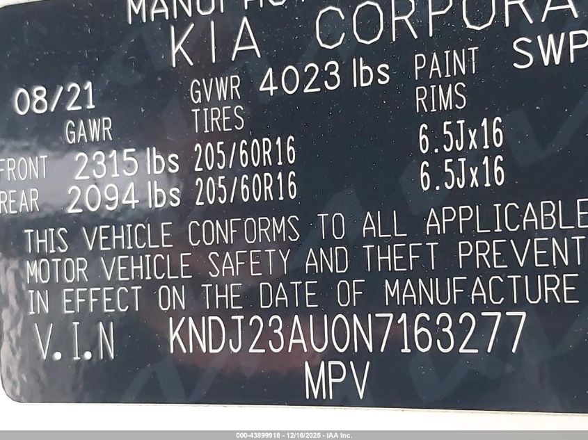 2022 Kia Soul Lx VIN: KNDJ23AU0N7163277 Lot: 43899918