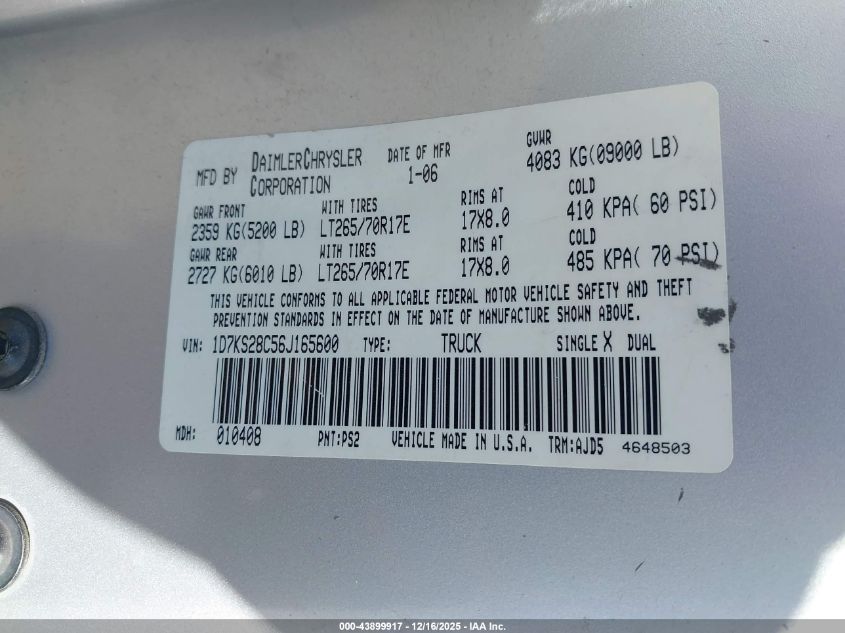 2006 Dodge Ram 2500 Slt/Sport VIN: 1D7KS28C56J165600 Lot: 43899917