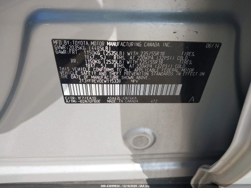 2014 Toyota Rav4 Limited VIN: 2T3YFREV0EW115338 Lot: 43899924