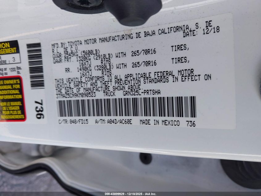 2019 Toyota Tacoma Trd Off Road VIN: 3TMAZ5CN9KM090523 Lot: 43899929