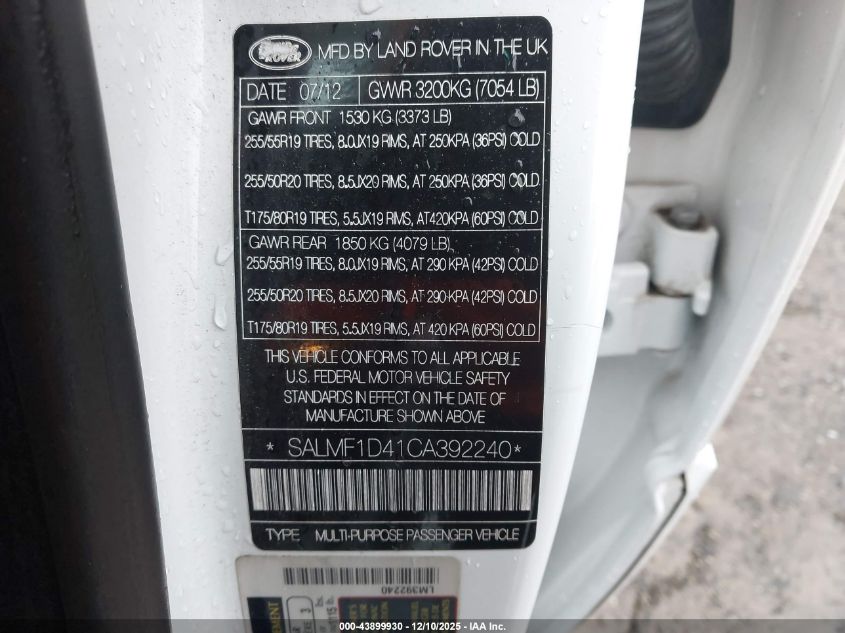 2012 Land Rover Range Rover Hse VIN: SALMF1D41CA392240 Lot: 43899930