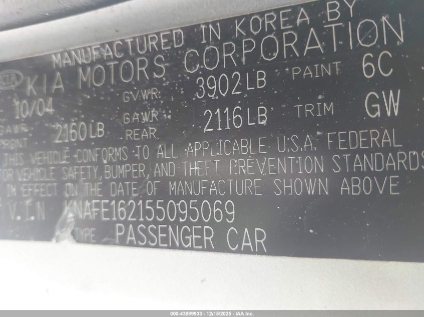 2005 Kia Spectra5 VIN: KNAFE162155095069 Lot: 43899933