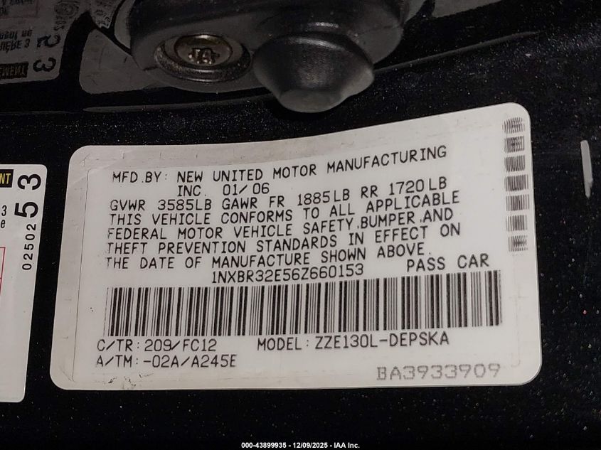 2006 Toyota Corolla S VIN: 1NXBR32E56Z660153 Lot: 43899935