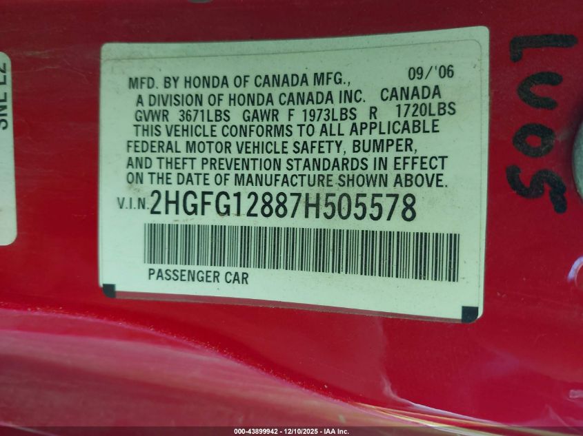 2007 Honda Civic Ex VIN: 2HGFG12887H505578 Lot: 43899942