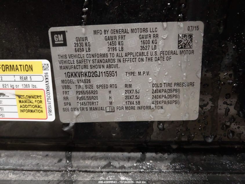 2016 GMC Acadia Slt-1 VIN: 1GKKVRKD2GJ115951 Lot: 43899943