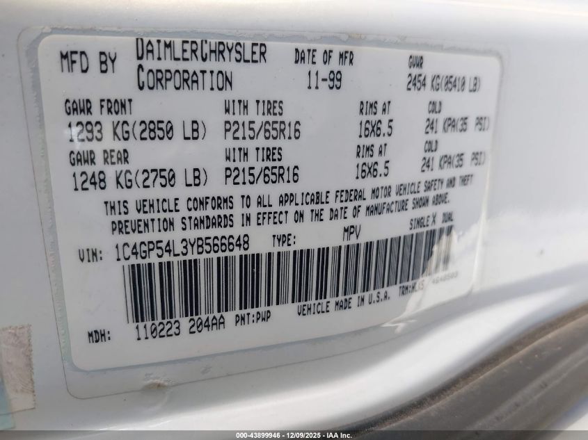 2000 Chrysler Town & Country Lxi VIN: 1C4GP54L3YB566648 Lot: 43899946