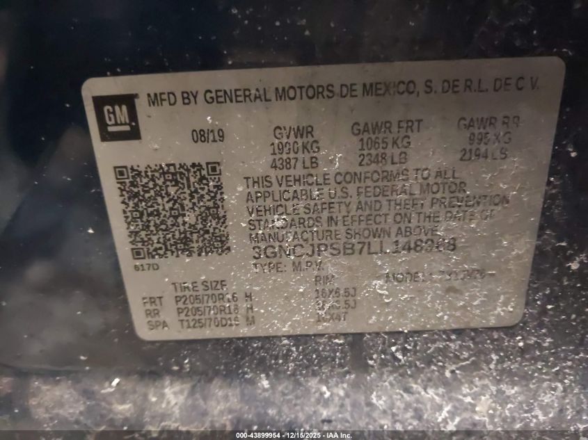 2020 Chevrolet Trax Awd Lt VIN: 3GNCJPSB7LL148968 Lot: 43899954