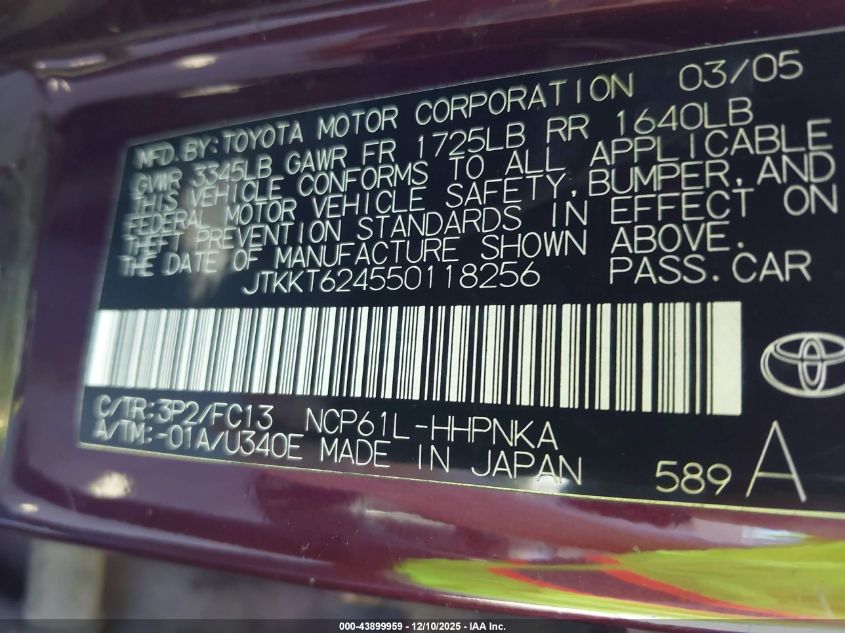 2005 Scion Xa VIN: JTKKT624550118256 Lot: 43899959