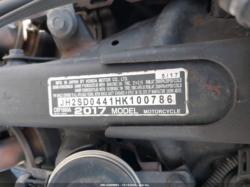 2017 Honda Crf1000 VIN: JH2SD0441HK100786 Lot: 43899963