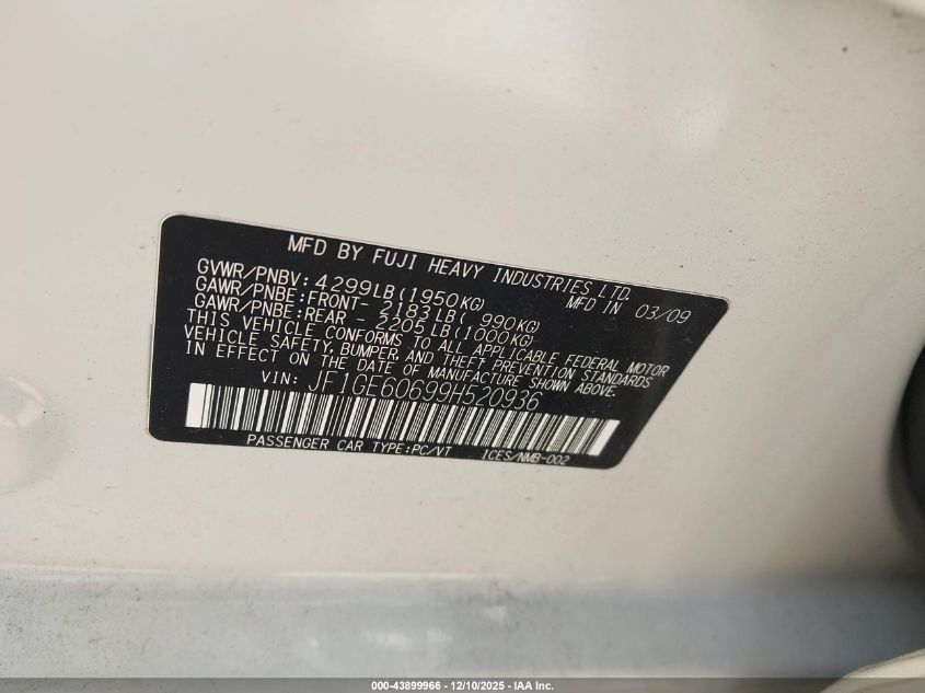 2009 Subaru Impreza 2.5I VIN: JF1GE60699H520936 Lot: 43899966