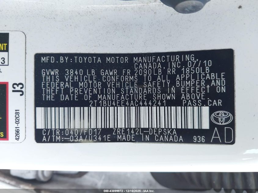 2010 Toyota Corolla S VIN: 2T1BU4EE4AC444241 Lot: 43899972