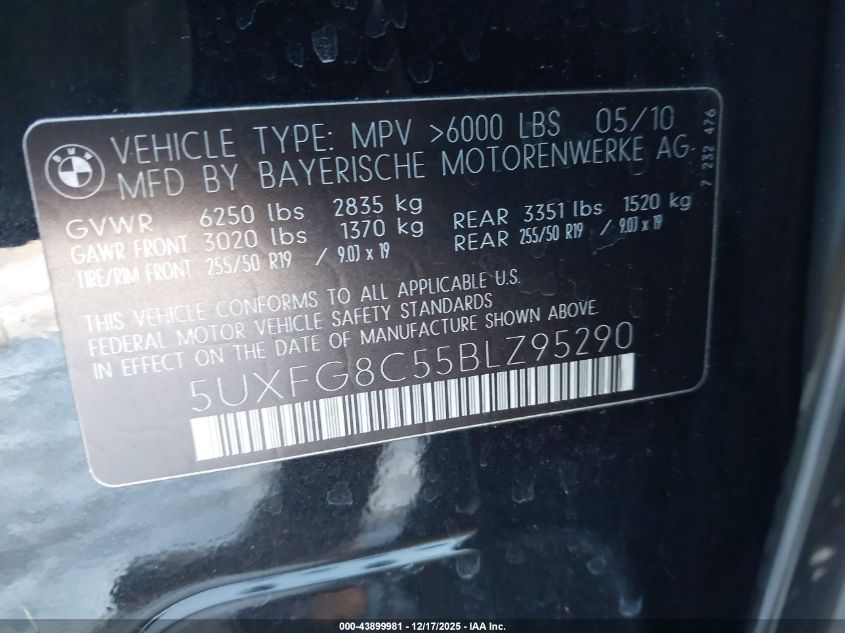 2011 BMW X6 xDrive50I VIN: 5UXFG8C55BLZ95290 Lot: 43899981