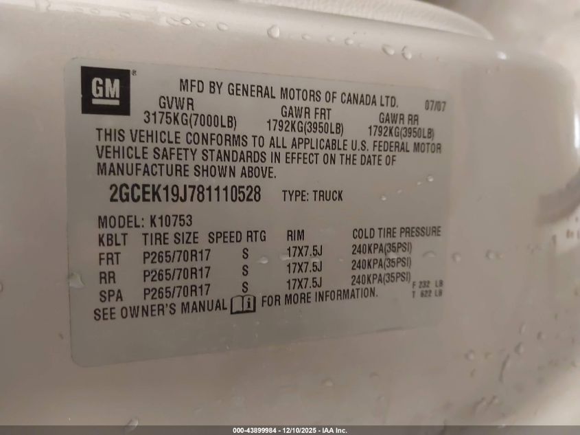 2008 Chevrolet Silverado 1500 Lt1 VIN: 2GCEK19J781110528 Lot: 43899984