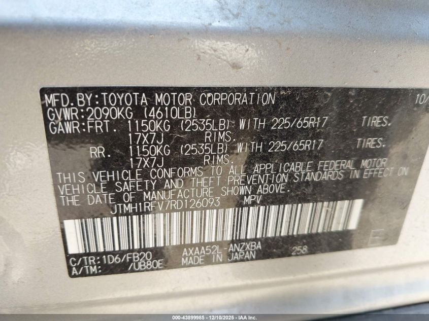 2024 Toyota Rav4 Le VIN: JTMH1RFV7RD126093 Lot: 43899985