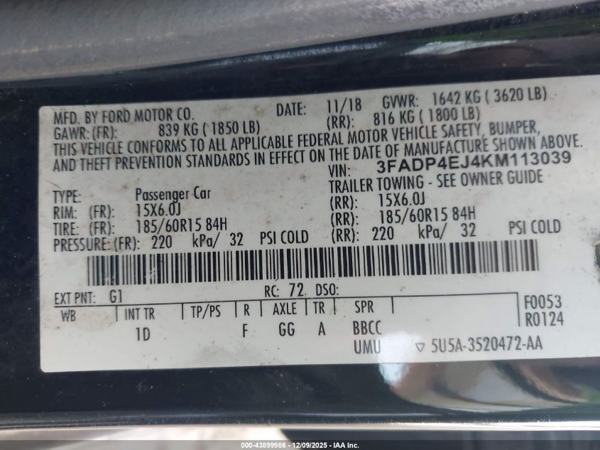 2019 Ford Fiesta Se VIN: 3FADP4EJ4KM113039 Lot: 43899986