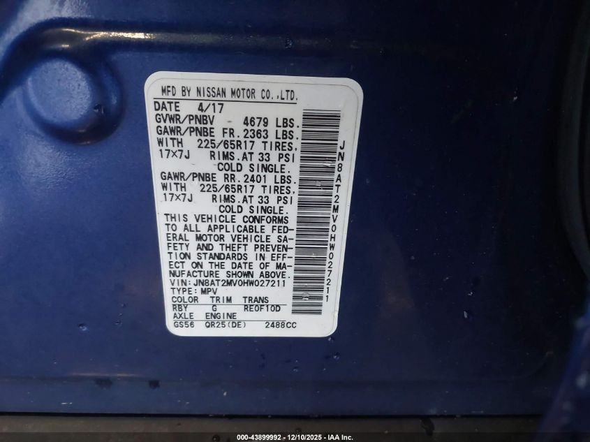 2017 Nissan Rogue Sv VIN: JN8AT2MV0HW027211 Lot: 43899992