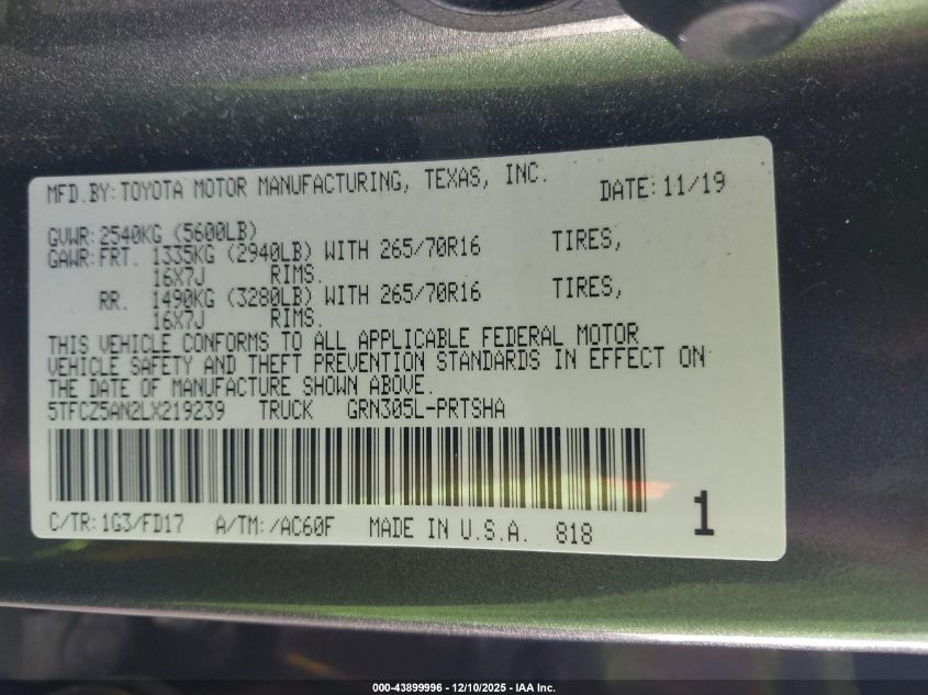 2020 Toyota Tacoma Trd Off-Road VIN: 5TFCZ5AN2LX219239 Lot: 43899996