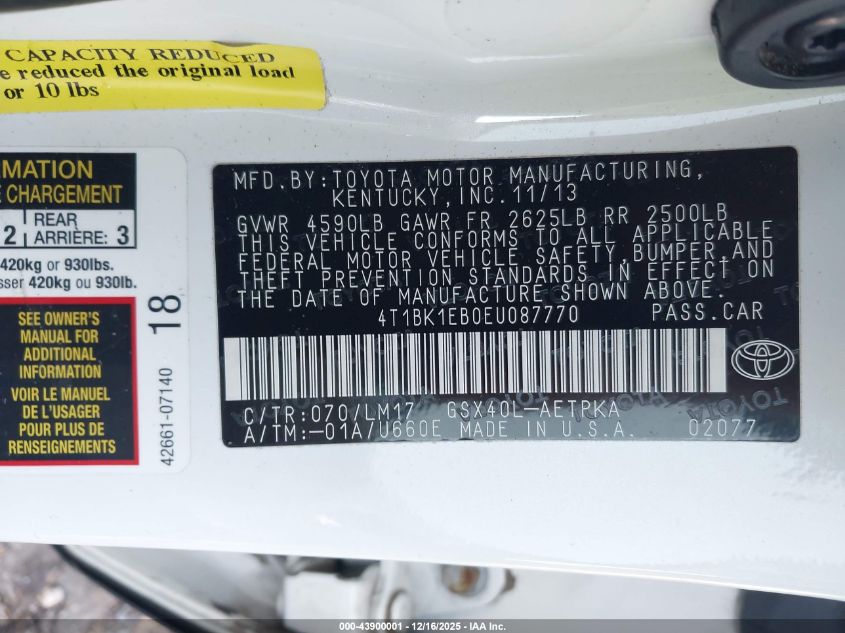 2014 Toyota Avalon Limited VIN: 4T1BK1EB0EU087770 Lot: 43900001